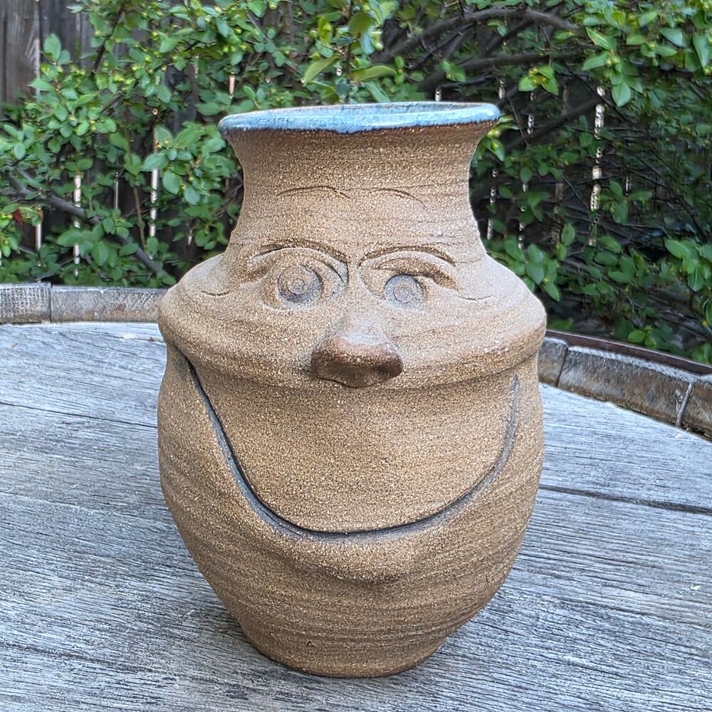 Gretchen Larson Signed Face Pottery Vase People Pot Vintage Handmade Funny Face